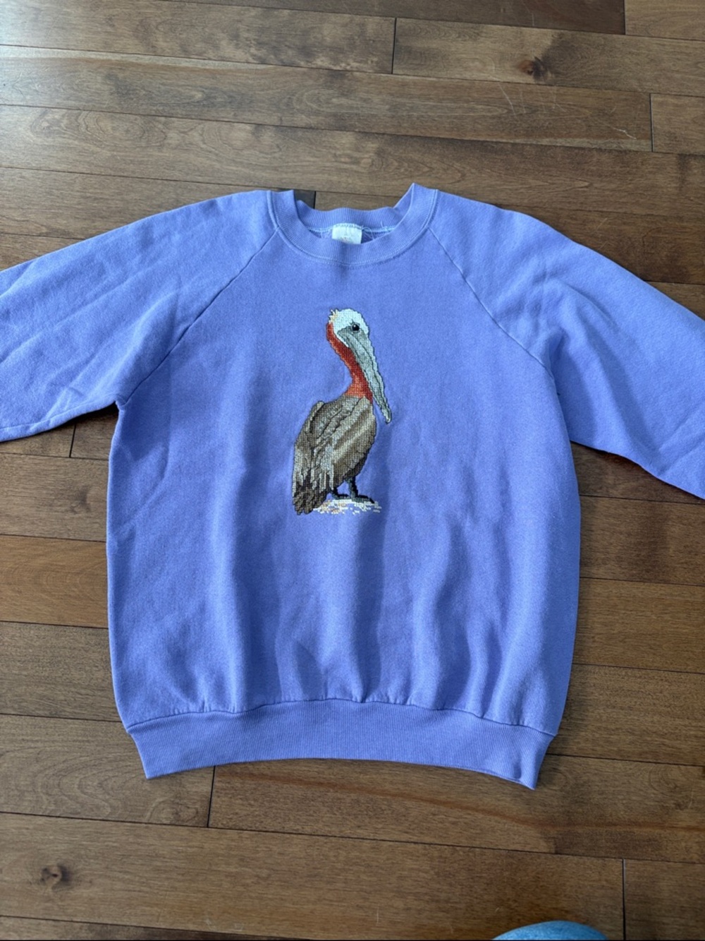 Vintage Lilac Crewneck Sweatshirt with Pelican cross stitch Embroidery